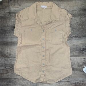 Isabel Tan Cap Sleeve Button Down Shirt
